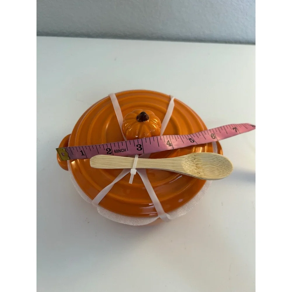 Harvest Falls Orange Pumpkin Lid Ceramic Cocotte with Spoon 5in New!